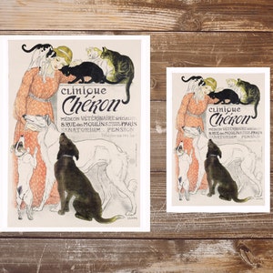 May include: Vintage poster advertising a veterinary clinic called "Clinique Cheron" in Paris, France. The poster features a woman surrounded by dogs and cats, with the clinic's name and address printed at the bottom.