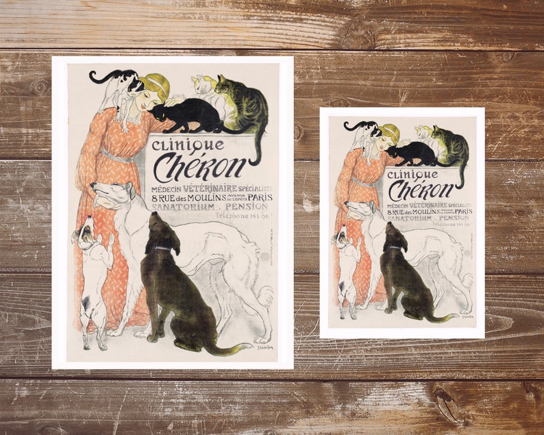 May include: Vintage poster advertising a veterinary clinic called "Clinique Cheron" in Paris, France. The poster features a woman surrounded by dogs and cats, with the clinic's name and address printed at the bottom.