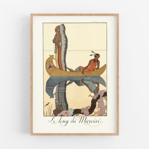 May include: A vintage illustration of two Native American people in a canoe on a river. The canoe is brown and yellow, and the people are wearing traditional clothing. The text "Le long du Missouri." is at the bottom of the image.