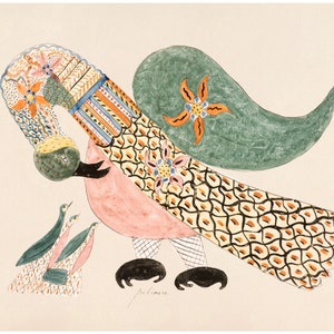 Pelican with Young - 1800 Bird Folk Art by Female Artist Mary Ann Wilson - Americana Kaleidoscope Pattern Print