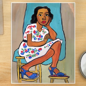 William H. Johnson Print: 1939 Folk Art Woman in Flowered Dress