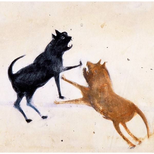 Cat and Dog fighting | Bill Traylor Americana art | Animal folk art | African American self-taught artist | Modern vintage wall décor