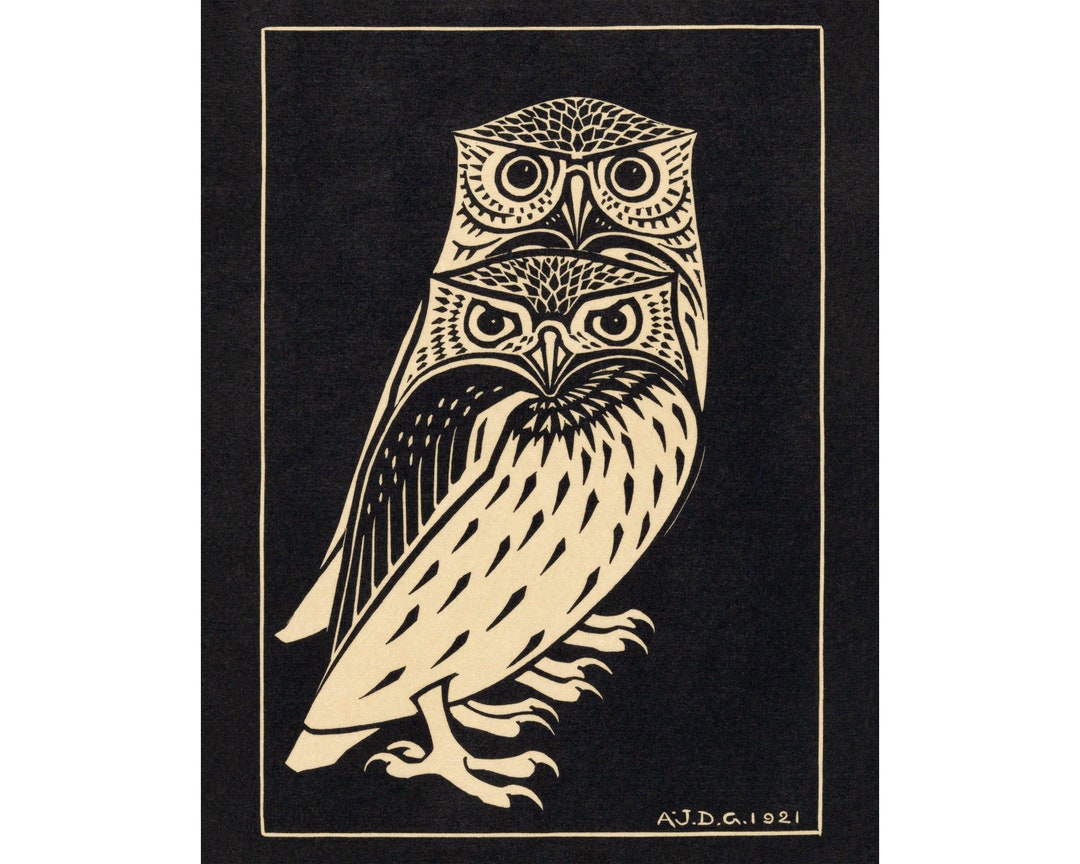 Vintage Owl Art Two Owls Print Woodcut Animal Wall Art Craftsman Style Decor Birds Artwork Julie