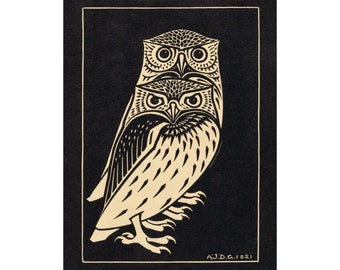 Vintage owl art | Two owls print | Woodcut animal wall art | Craftsman style decor | Birds artwork | Julie de Graag | Female artist