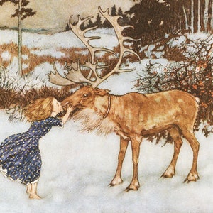 Sweet girl kissing a reindeer Gerda and the Reindeer Christmas woodland Edmund Dulac book illustration Fantasy wall art image 3