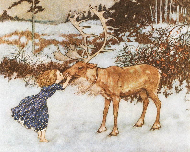 Sweet girl kissing a reindeer Gerda and the Reindeer Christmas woodland Edmund Dulac book illustration Fantasy wall art image 3