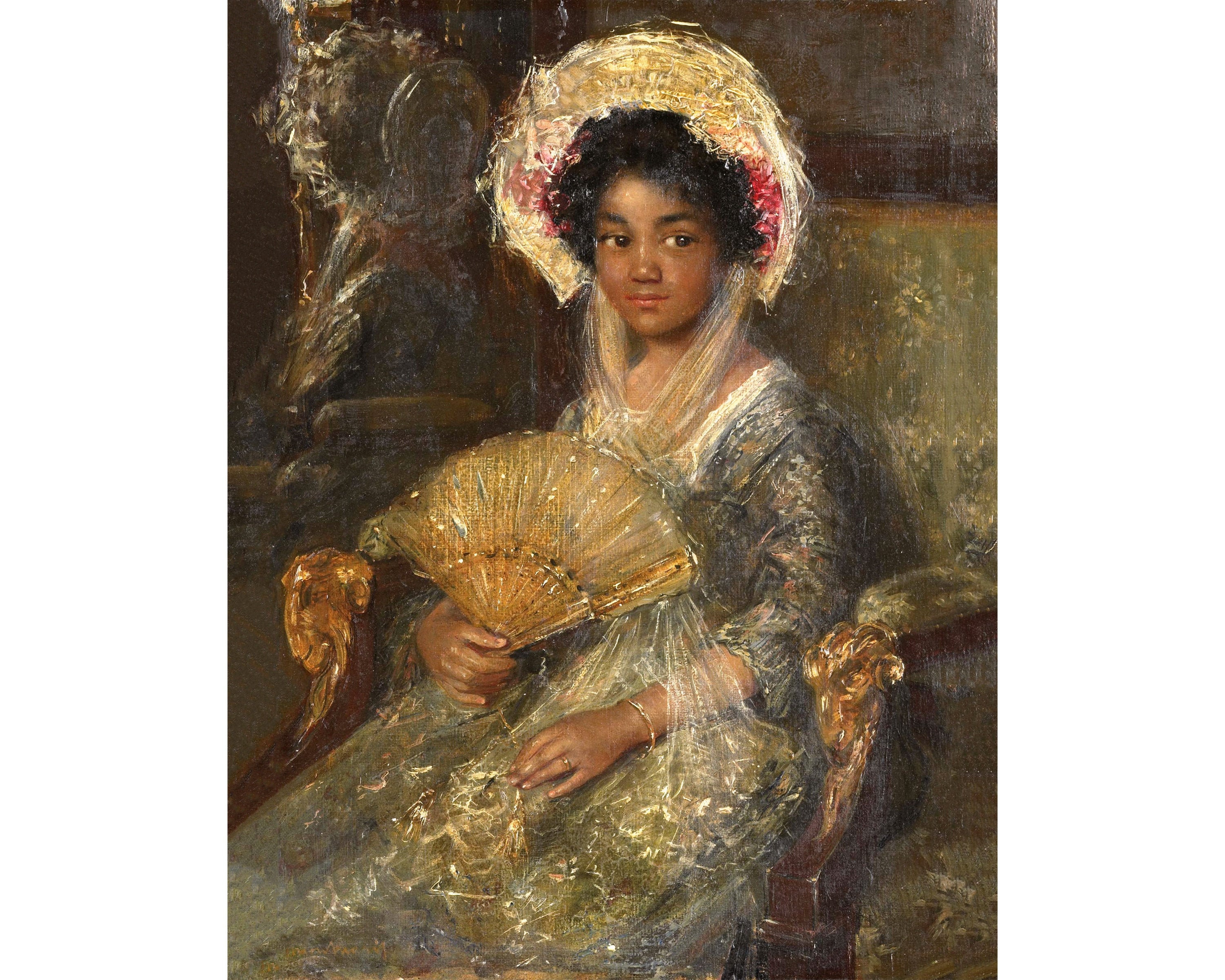 Victorian Girl Portrait Young Woman With a Fan African American Wall Art  Vintage Painting of a Black Child Simon Maris 