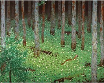 Vintage fantasy forest art print | Weasel in wild strawberry patch | Tree and nature wall art | Katayama Bokuyo | Asian artist