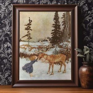 Sweet girl kissing a reindeer Gerda and the Reindeer Christmas woodland Edmund Dulac book illustration Fantasy wall art image 2