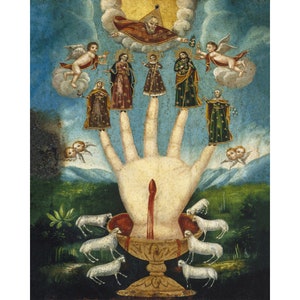 May include: A painting depicting a hand with five fingers, each with a figure standing on top. The hand is holding a chalice with blood dripping from the palm. There are sheep in the background.