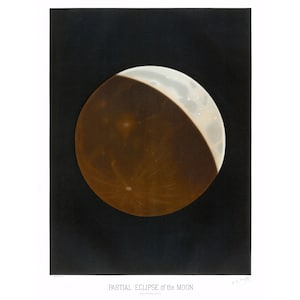May include: A vintage illustration of a partial eclipse of the moon. The moon is depicted as a brown and white orb with a portion of the moon obscured by the earth's shadow. The image is set against a black background.