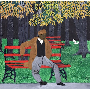 Man on a park bench | White squirrel | American folk art | Horace Pippin | Black Americana art | African American artist | Outsider wall art