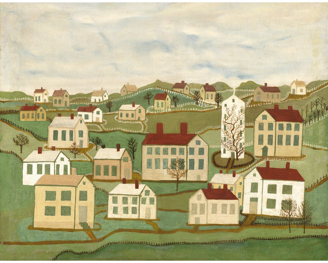 Americana Folk Art 22 Buildings and a Church Print Vintage Small Town