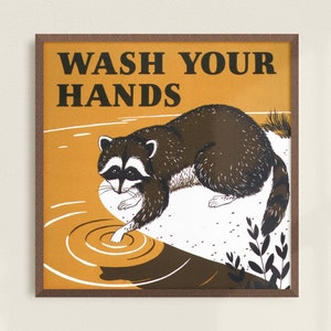 Wash Your Hands Sign - Retro Mid-Century Vintage Raccoon Woodland Animal Art Print