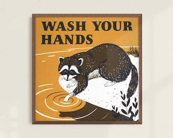 Wash Your Hands Sign - Retro Mid-Century Vintage Raccoon Woodland Animal Art Print