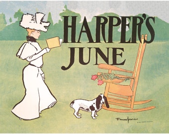 Puede incluir: Una ilustración vintage de una mujer con un vestido blanco y un sombrero grande caminando con un perro. La mujer lleva un libro y camina hacia una mecedora con flores en el asiento. El texto "Harper's June" está en letras grandes y negritas en la parte superior de la imagen.