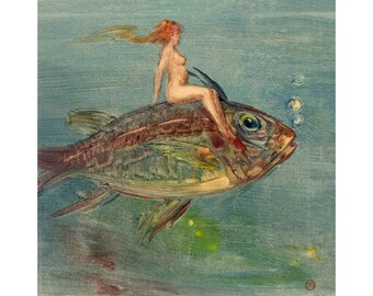 Valkyrie of the Sea Print: Woman Riding Fish, Nordic Mythology Art