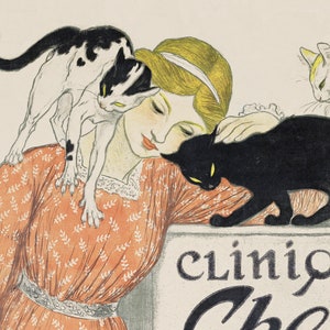 May include: A woman with blonde hair wearing a peach-colored dress with a floral pattern is surrounded by three cats. One black cat is resting on a surface with the text "cliniqu" and "Cher" visible. A white and black cat is perched on the woman's shoulder. A white cat is sitting behind the woman.