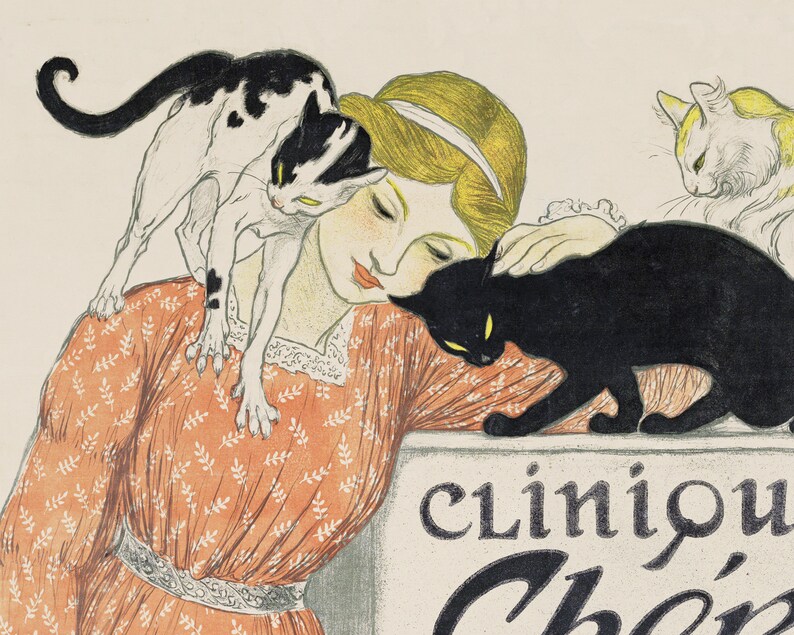 May include: A woman with blonde hair wearing a peach-colored dress with a floral pattern is surrounded by three cats. One black cat is resting on a surface with the text "cliniqu" and "Cher" visible. A white and black cat is perched on the woman's shoulder. A white cat is sitting behind the woman.