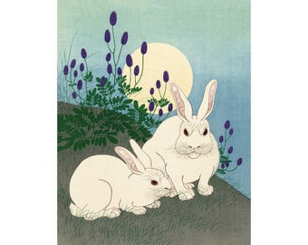 Vintage rabbit fine art | Rabbits at full moon | Color woodblock art print | Ohara Koson | Asian animal wall art | Japanese artist