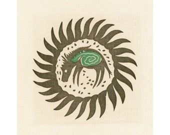 May include: A stylized black horse with a green spiral inside, surrounded by a brown sunburst design on a cream background.