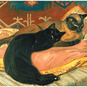 Two Cats on a Cushion | 1896 | Black and Siamese fine art print | Art nouveau woodcut | French artist | Theophile Steinlen | 19th century