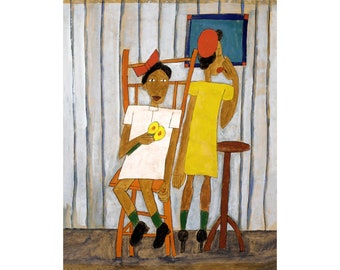 Portrait of two women | Going Out | Vintage African American folk art | Black artist | Primitive Americana wall art | Person of color art