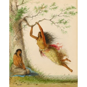 May include: A watercolor painting depicting two Indigenous people. One person is swinging from a tree branch while the other sits on the ground. The person swinging is wearing a yellow and brown skirt with a red and pink shawl. The person sitting is wearing a blue and brown skirt. The painting is set against a background of green trees and a light blue sky.