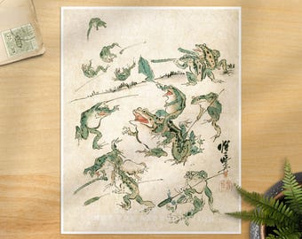 19th Century Kawanabe Kyosai Sketch - Battle of the Frogs Vintage Asian Fine Art Print