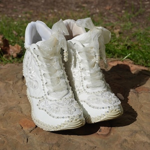Wedding Shoes White or Ivory Wedge High Heeled Platform Sneakers Tennis Shoes (Evangeline)