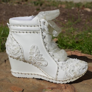 Wedding Shoes White or Ivory Wedge High Heeled Platform Sneakers Tennis Shoes (Anabelle)