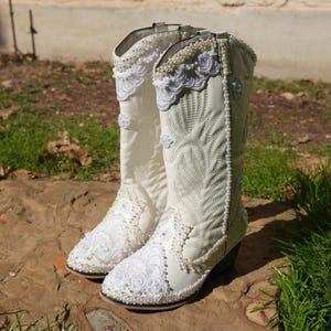 Wedding Shoes White or Ivory Wedged High Heeled Country Southern Bell Boots (Daisy Mae)