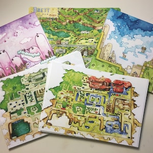 NES SNES Aquarelle Hommage Mini Impressions 5Pack // CARTE POSTALE // Yoshi Zelda Kirby Earthbound