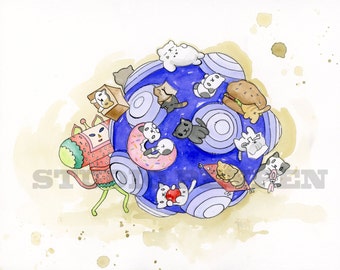 Kitty Katamari Atsume // Katamari Damacy x Neko Atsume // Watercolor Print