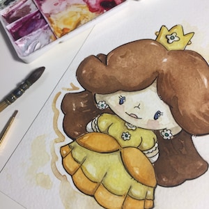 Hand Painted Watercolor Artwork, Mario Bros Chibi Collection: Princess Daisy, Waluigi, and Luigi