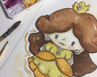 Hand Painted Watercolor Artwork, Mario Bros Chibi Collection: Princess Daisy, Waluigi, and Luigi