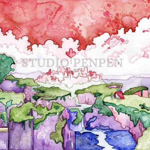 May include: Watercolor painting of a fantasy landscape with a city in the distance, a heart-shaped balloon floating above, and a river flowing through the foreground. The sky is a vibrant red with white clouds.