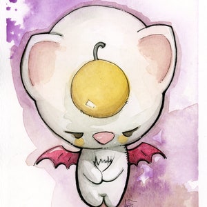 May include: Watercolor illustration of a white creature with large ears, a yellow orb on its head, and small red wings. The creature has a sad expression and is set against a purple watercolor background.