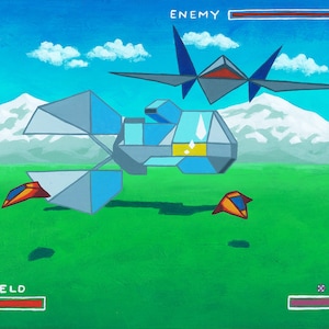 Op de afbeelding: Een gepixelde videogame scène met een blauw en grijs ruimteschip op de voorgrond. Het ruimteschip vliegt over een groen veld met bergen op de achtergrond. De tekst "x 2" staat in de linkerbovenhoek van de afbeelding. De tekst "ENEMY" staat in de rechterbovenhoek van de afbeelding. De tekst "SHIELD" staat in de linkerbenedenhoek van de afbeelding.