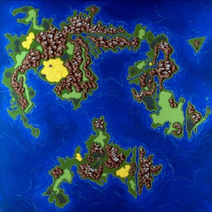 Puede incluir: Una ilustración pintada a mano de un mapa de fantasía con tres islas. Las islas están rodeadas de agua azul con olas blancas. Las islas están cubiertas de hierba verde, montañas marrones y arena amarilla.