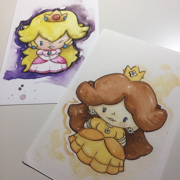 Mario Bros Watercolor Chibi Colection: Mario, Princess Peach, Princess Daisy, Luigi, Waluigi, Tanooki Suit Mario