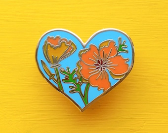 California Golden Poppy Pin / State Flower Heart Hard Enamel Lapel Pin / Travel Gift / California Gift