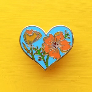 California Golden Poppy Pin / State Flower Heart Hard Enamel Lapel Pin / Travel Gift / California Gift