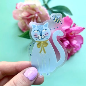Vintage Style Illustrated Cat Vinyl Sticker / Fancy Cat Sticker / Blue Cat Sticker / Illustrated Cat Sticker / Funny Cat Laptop Sticker
