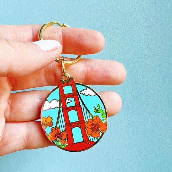 San Francisco Keychain / California Keychain / Golden Gate Bridge / San Francisco California Poppy Hard Enamel Keychain