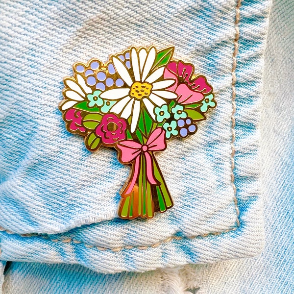 Flower Bouquet Pin / Flower Enamel Pin / Daisy Poppy Peony Pin / Gift for Her Hard Enamel Pin