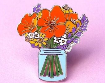 California Native Wildflowers Hard Enamel Pin / California Poppy Pin / Flower Bouquet Pin / Mason Jar Flower Pin