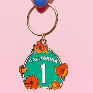 California Highway 1 Hard Enamel Keychain / California Poppy Keychain / California Souvenir Travel Gift