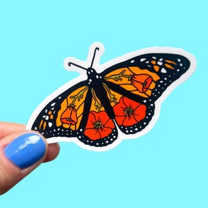 Pegatina de mariposa monarca con amapola de California / Pegatina de mariposa de California / Pegatina de vinilo para portátil con recuerdo de California