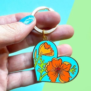 California Poppy Enamel Keychain / State Flower Keychain / California Travel Gift / Hard Enamel Heart Keychain